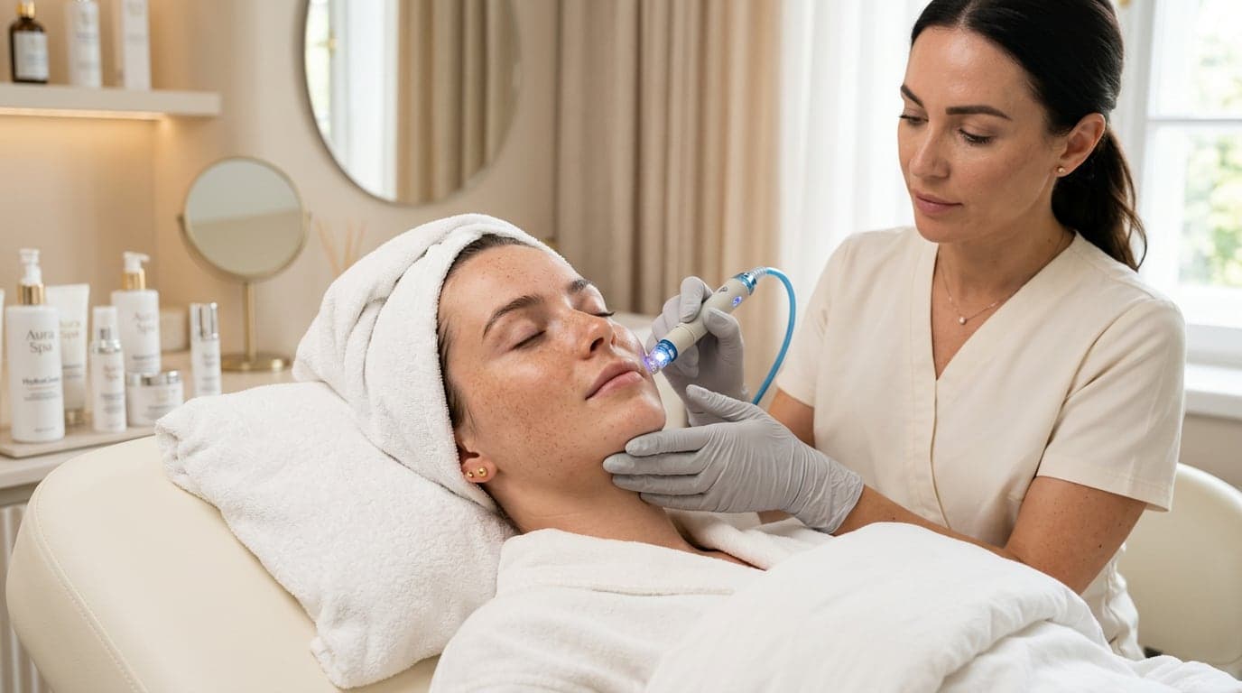 Aesthetician performing a device facial on a young woman wrapped in a white towel