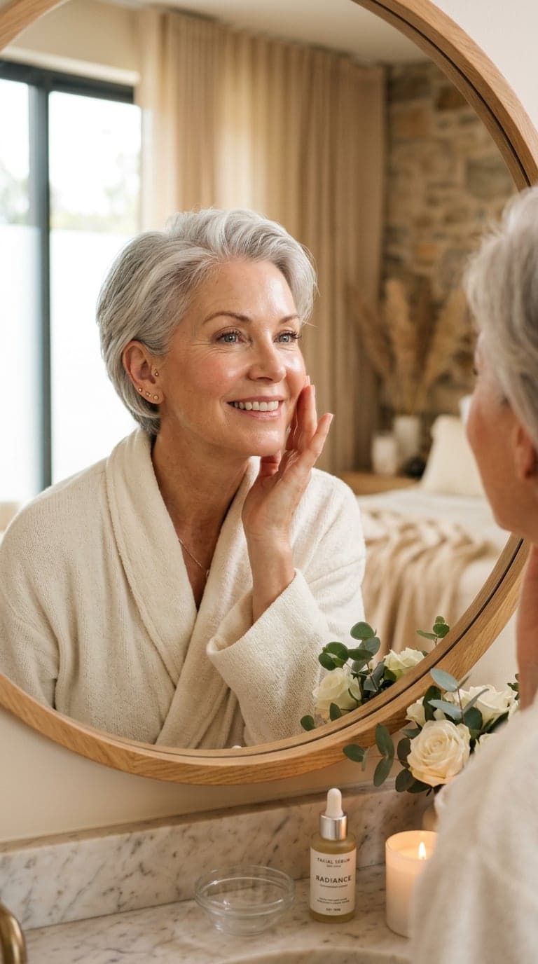 Woman in her sixties smiling at her radiant skin in a mirror