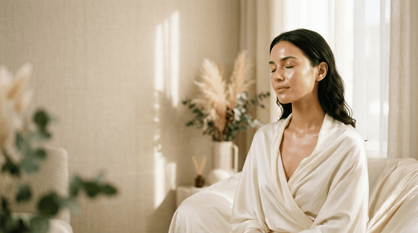 A woman with radiant, healthy skin resting in soft ivory light