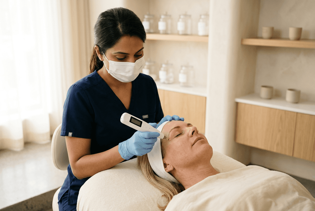 Practitioner performing a precise T33 Jet Plasma treatment near a client’s eye area