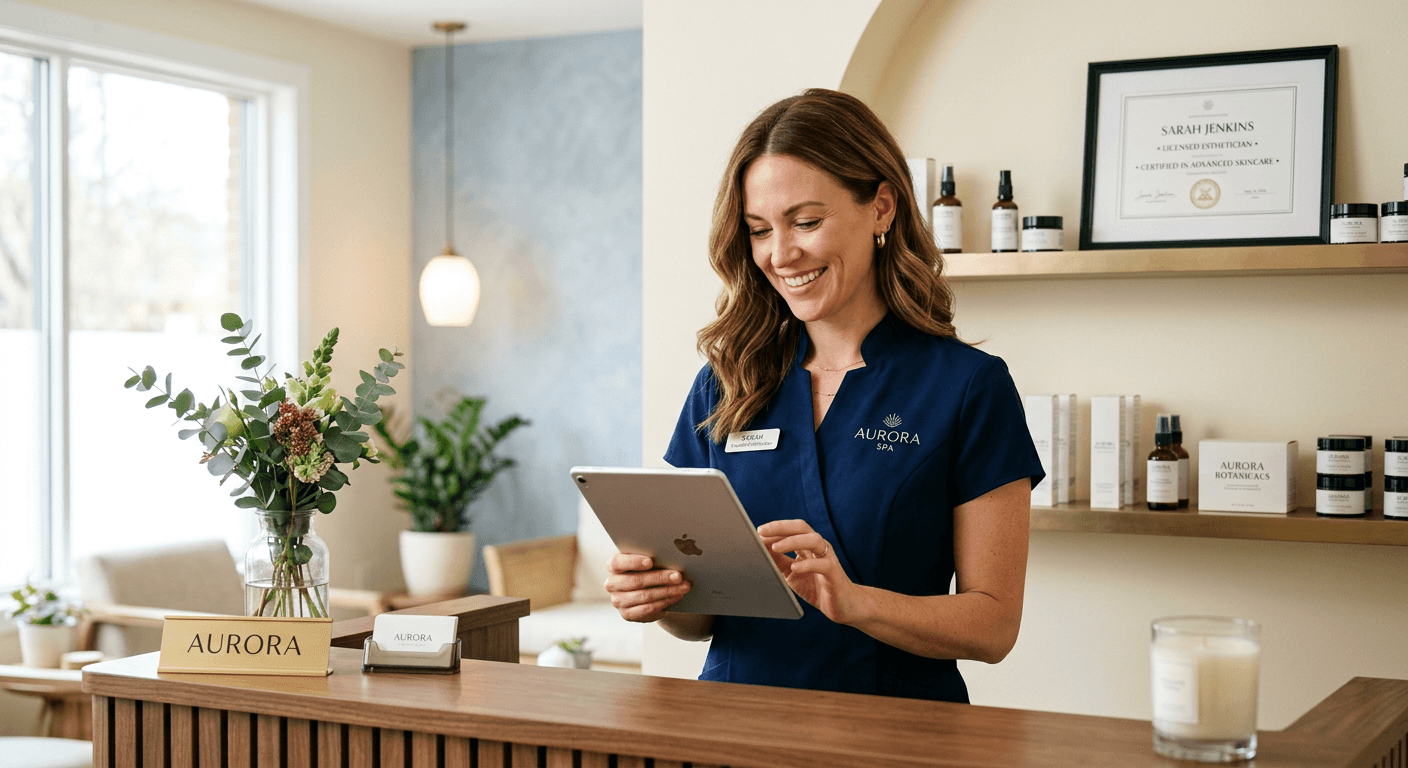 Independent esthetician owner smiling at the reception desk of her own skin studio