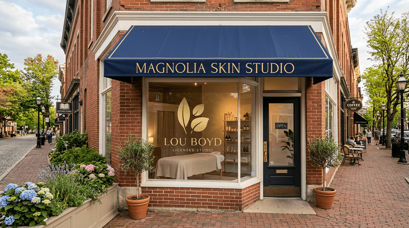 Independent Magnolia Skin Studio storefront with a Lou Boyd Licensed Studio decal on the front window