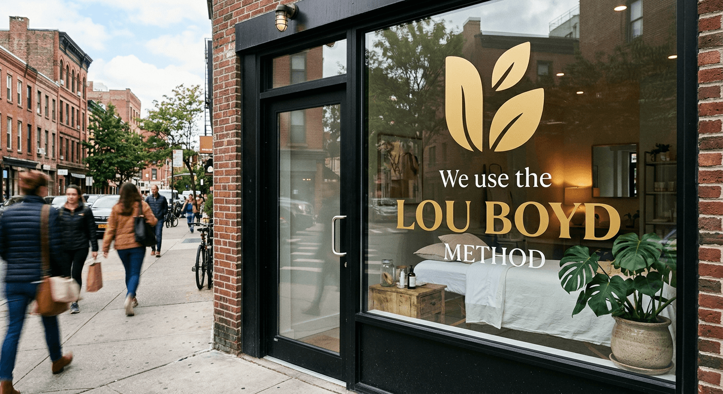 Gold three-leaf window decal on a skin studio reading We use the Lou Boyd Method