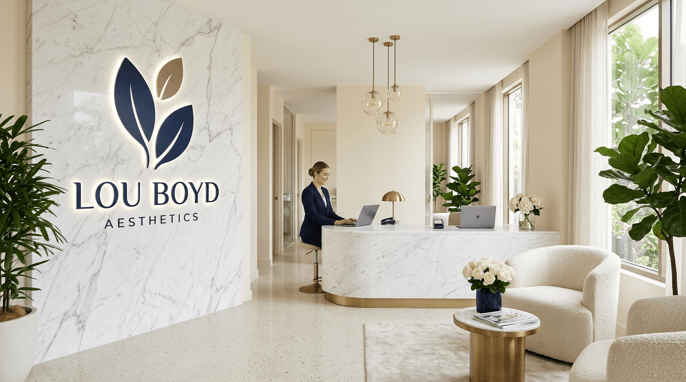 Lou Boyd Aesthetics reception with a marble desk and a backlit navy and bronze leaf mark