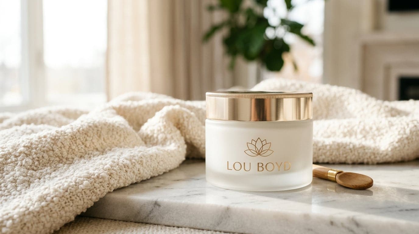 Lou Boyd Renew daily radiance cream in a frosted jar with a gold lid